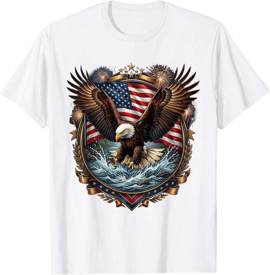 Men's Bald Eagle Wings Spread River Patriotic Design T-Shirt - White