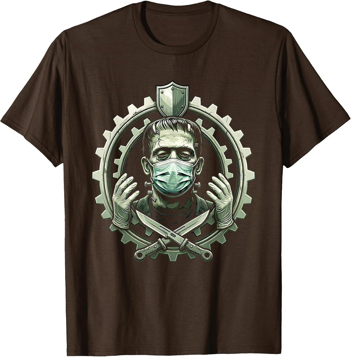 Nurse Halloween Frankenstein Monster Surgical Mask T-Shirt - Brown