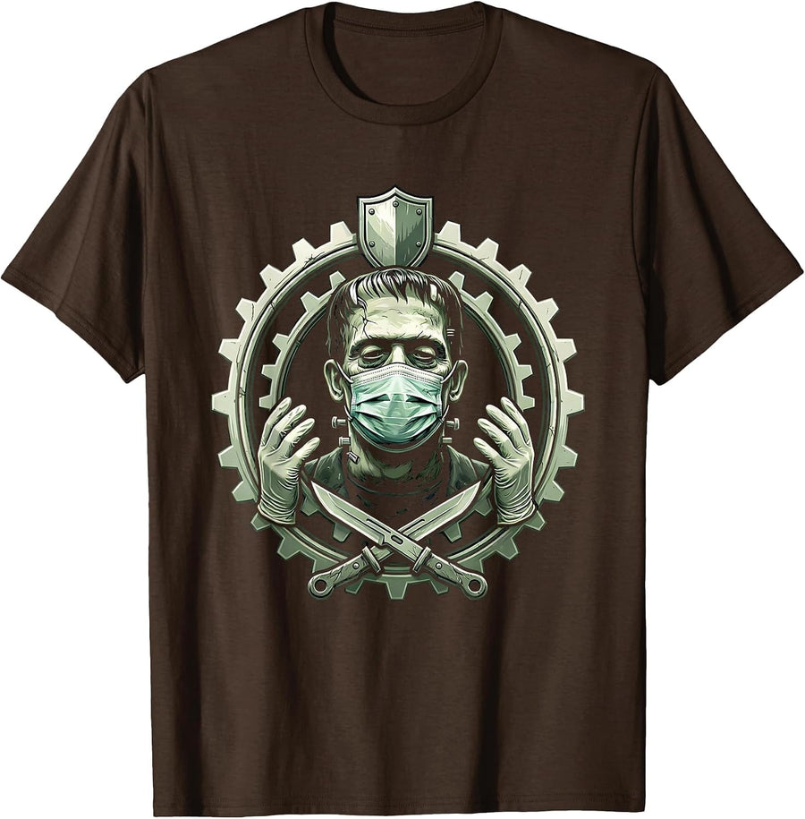 Nurse Halloween Frankenstein Monster Surgical Mask T-Shirt - Brown