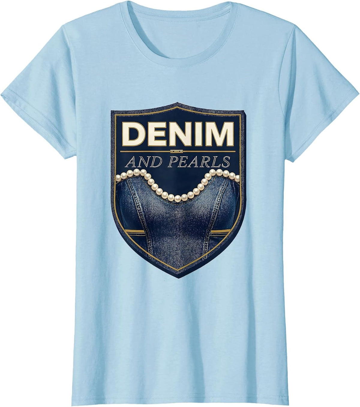 Denim And Pearls Glam Vintage Ladies Fashion Party Top T-Shirt - Baby Blue