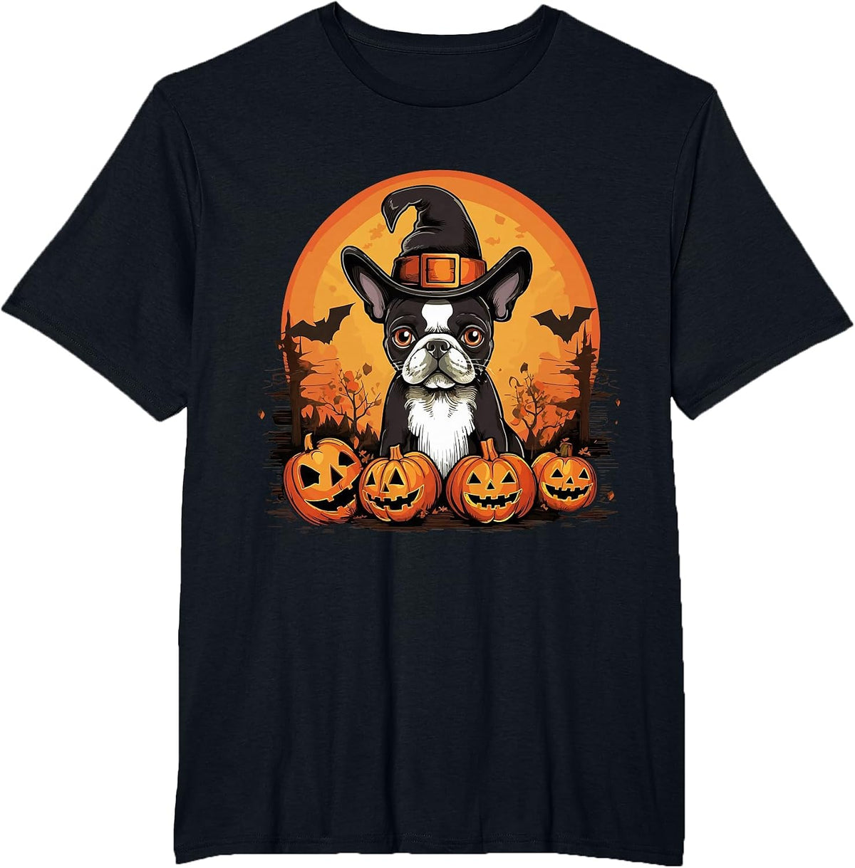 Boston Terrier Bostie Dog Breed Pet Halloween Pumpkins T-Shirt - Black