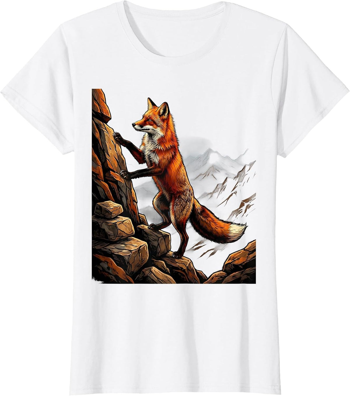 Fox Climbing Rocky Mountain Peak Illustration T-Shirt - White