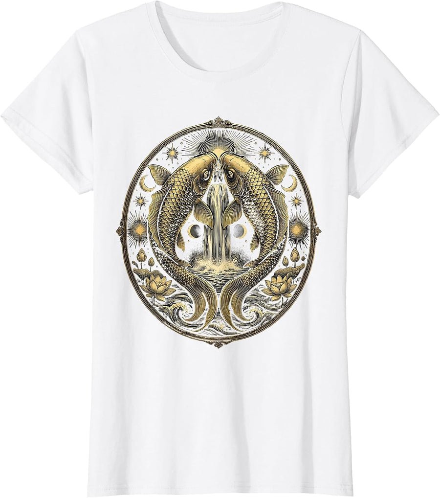 Women's Koi Fish Leaping Over Waterfall Japanese Art T-Shirt - White
