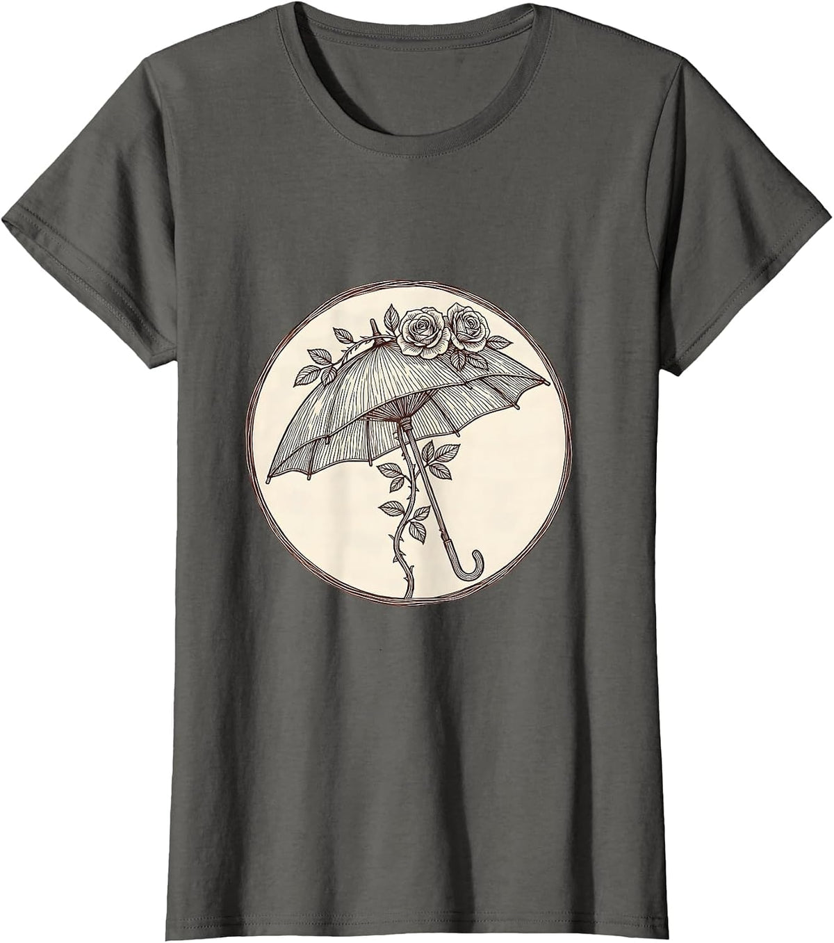 Women's Vintage Lace Parasol Climbing Roses Romantic Art T-Shirt - Asphalt Grey