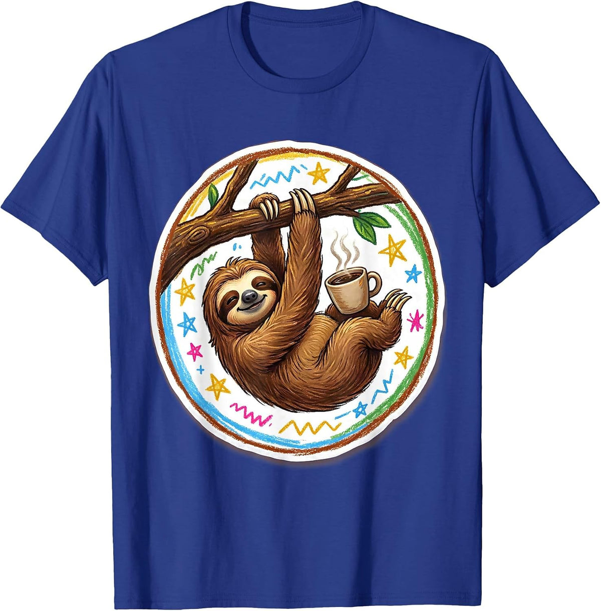 Funny Sloth Hanging With Coffee Graphic Tee T-Shirt - Royal Blue