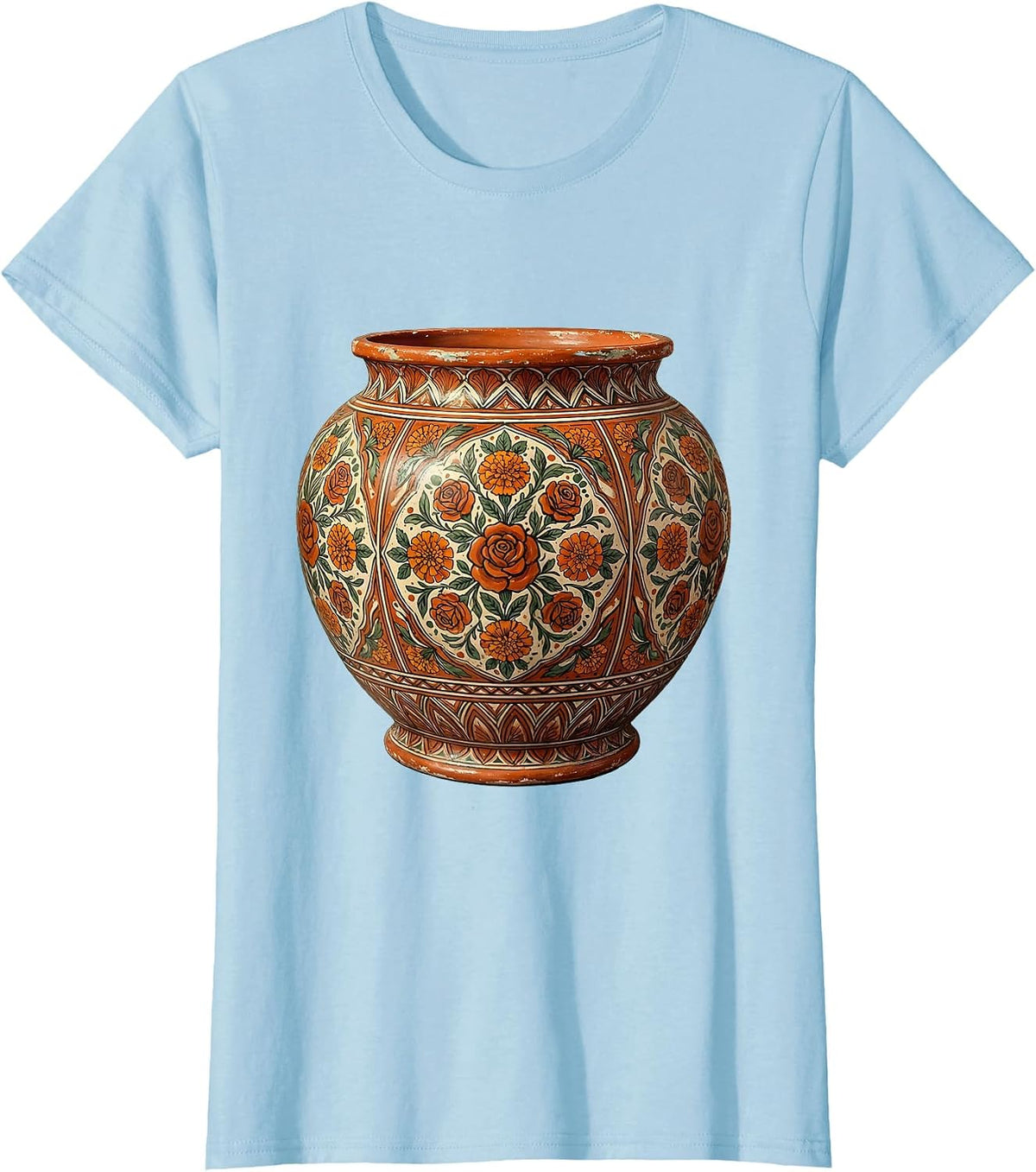 Women's Ornate Talavera Pottery Floral Illustration T-Shirt - Baby Blue