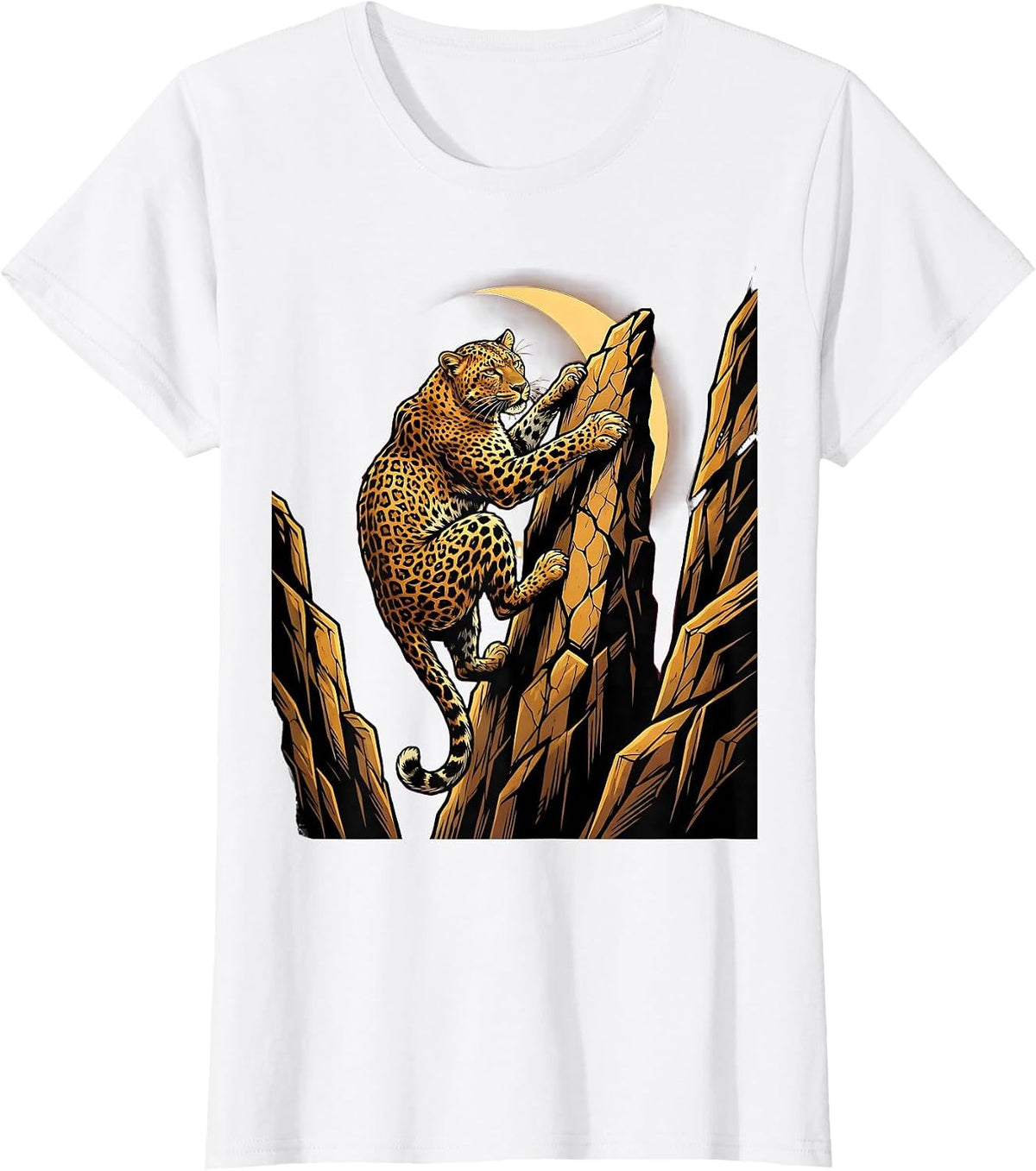 Leopard Climbing Cliff Face at Dusk Illustration T-Shirt - White