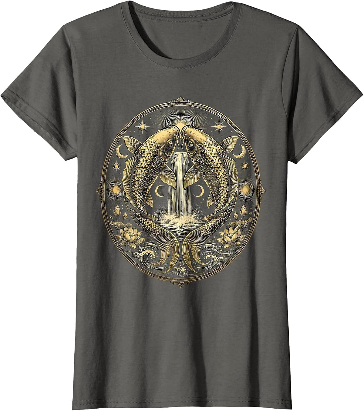 Women's Koi Fish Leaping Over Waterfall Japanese Art T-Shirt - Asphalt Grey