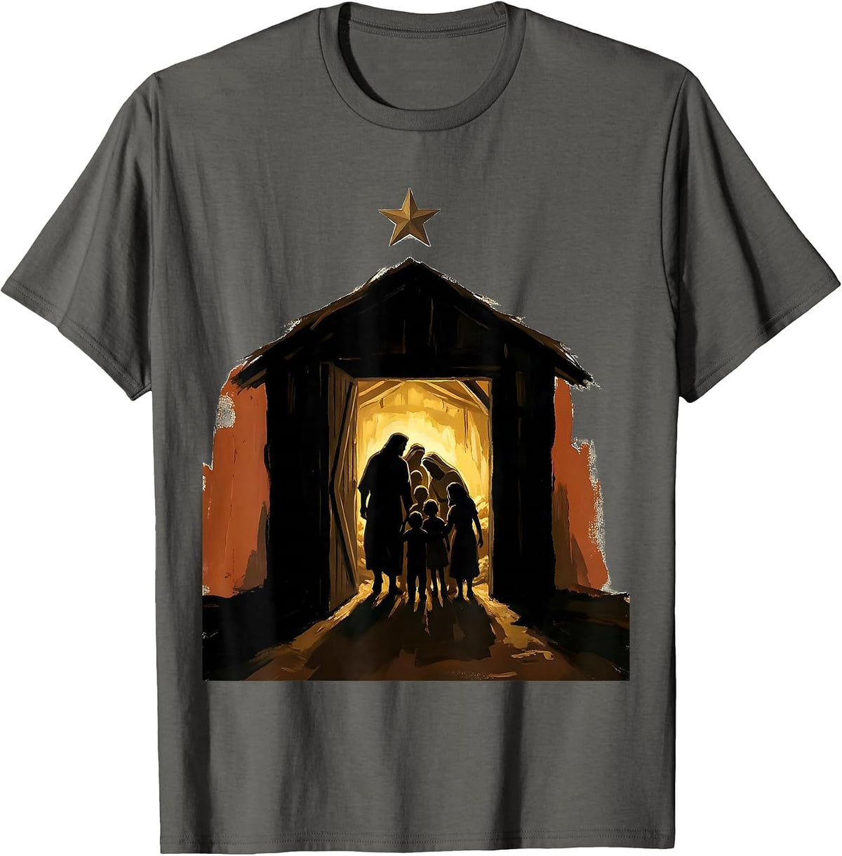 Men's Open Door Nativity Family Christmas Faith Tribute T-Shirt - Asphalt Grey