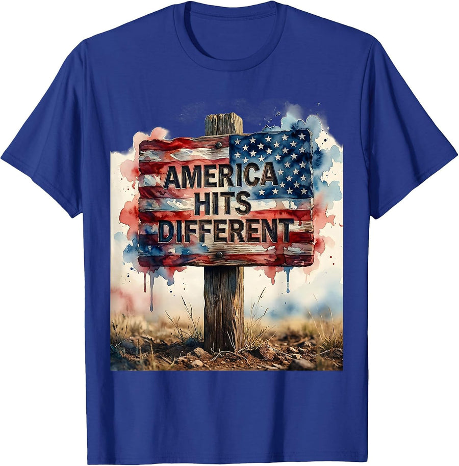 America Hits Different Patriotic USA Design T-Shirt - Royal Blue