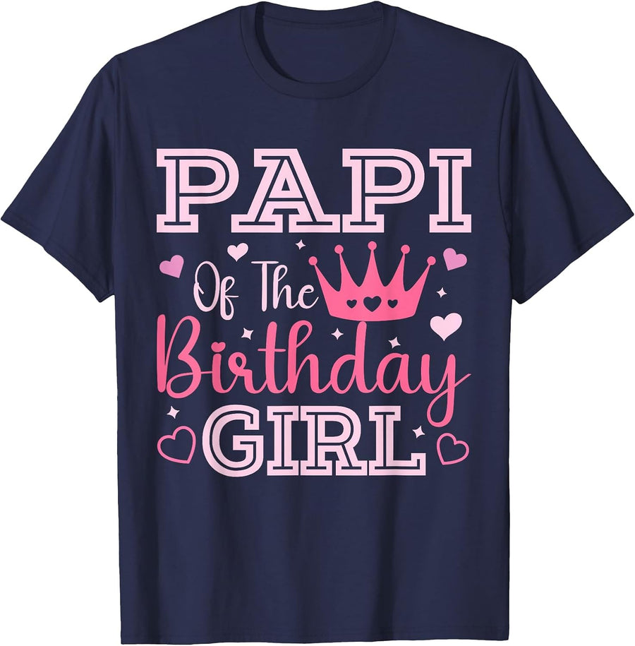 Papi of the Birthday Girl Cute Pink Matching Family Party T-Shirt - Navy Blue