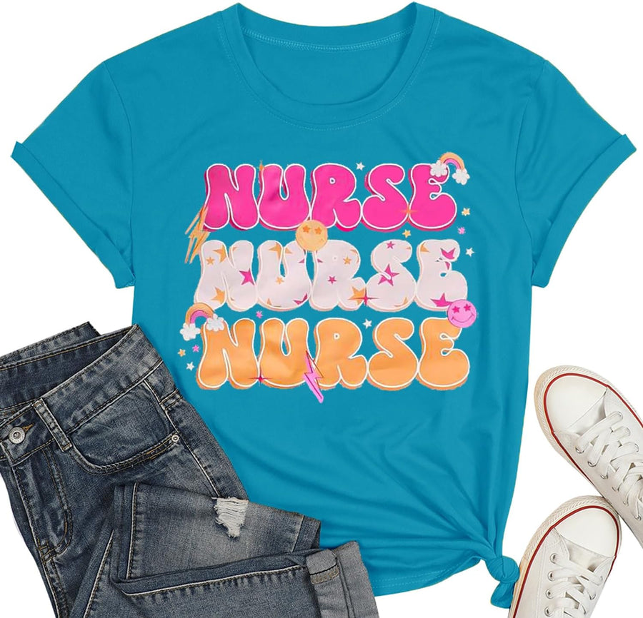 Nurse Shirt for Women - School Nurse Short Sleeve Tee Tops, Cute Nurse Life Casual T-Shirt for Nurse Week & Nurse Day Gift -