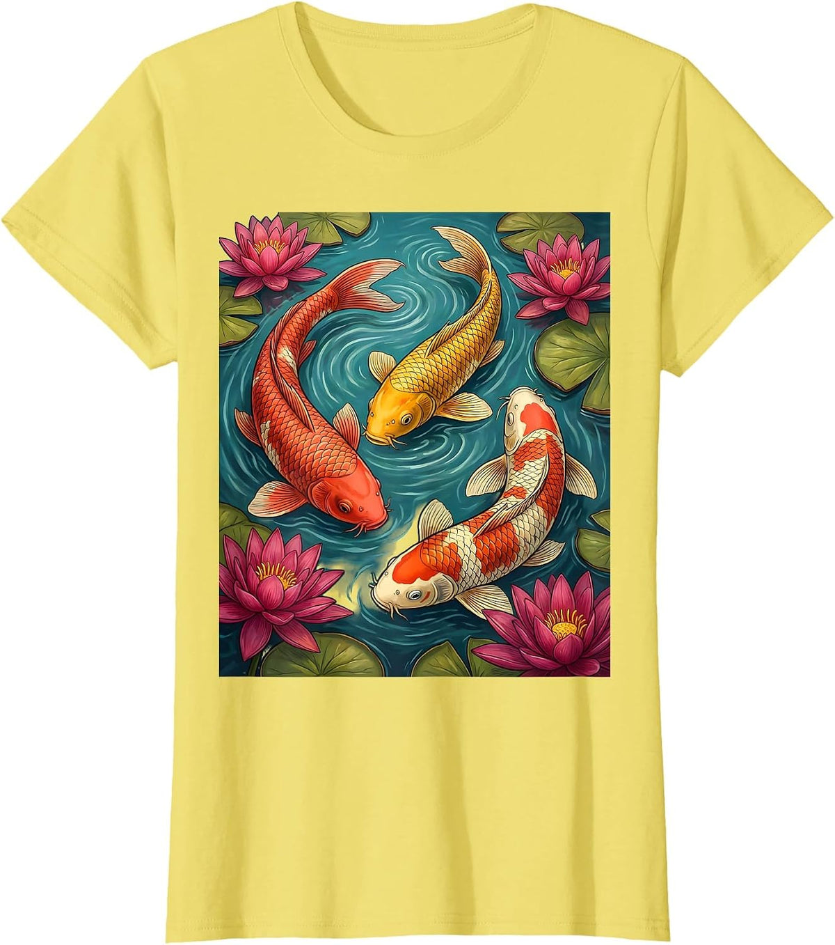 Colorful Koi Fish Lily Pond Hawaiian Design T-Shirt - Lemon Yellow