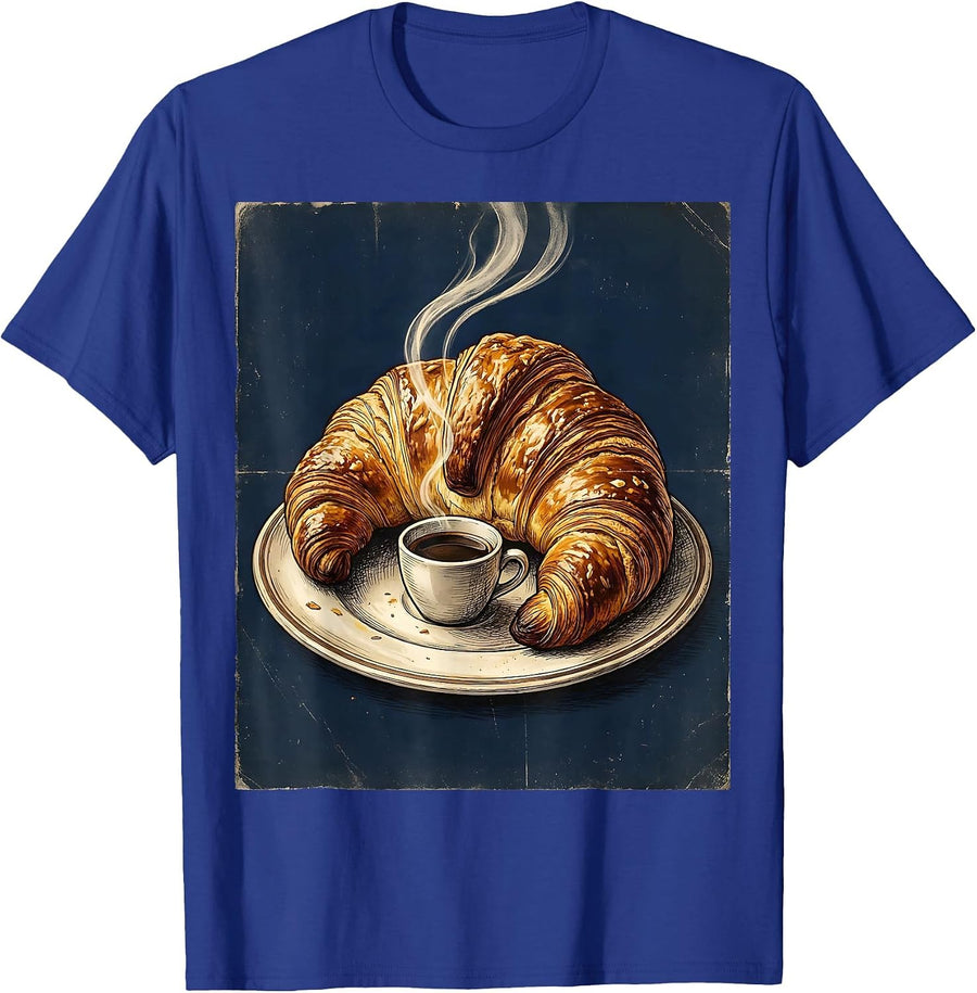 Oversized Croissant Vintage French Café Humor T-Shirt - Royal Blue