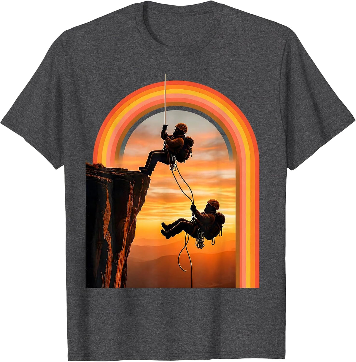 Mountaineer Hanging Over Ledge Funny Climbing T-Shirt - Dark Heather Grey