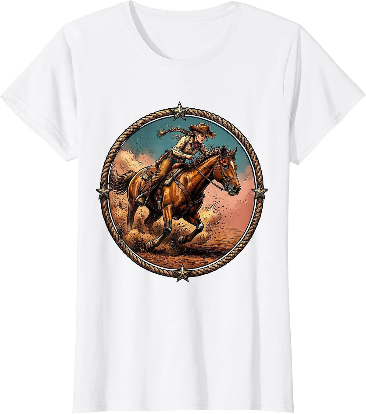 Barrel Racing Cowgirl With Braids Illustration T-Shirt - White