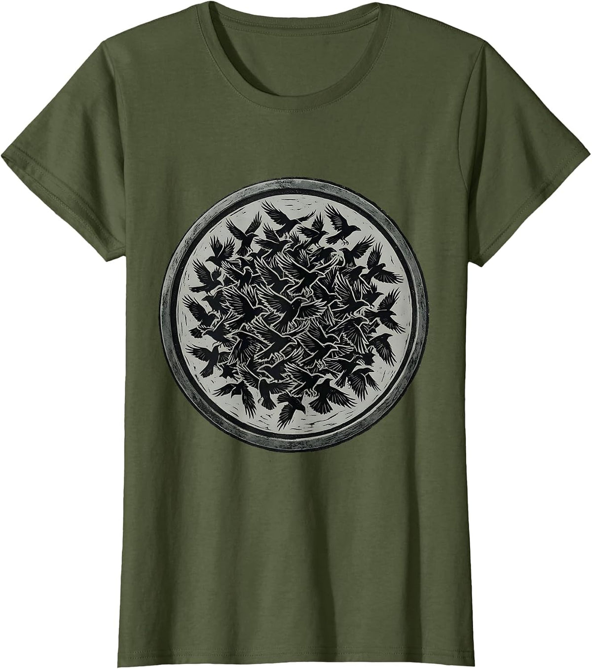 Women's Massive Crow Flock Darkening the Sky Design T-Shirt - Olive Green