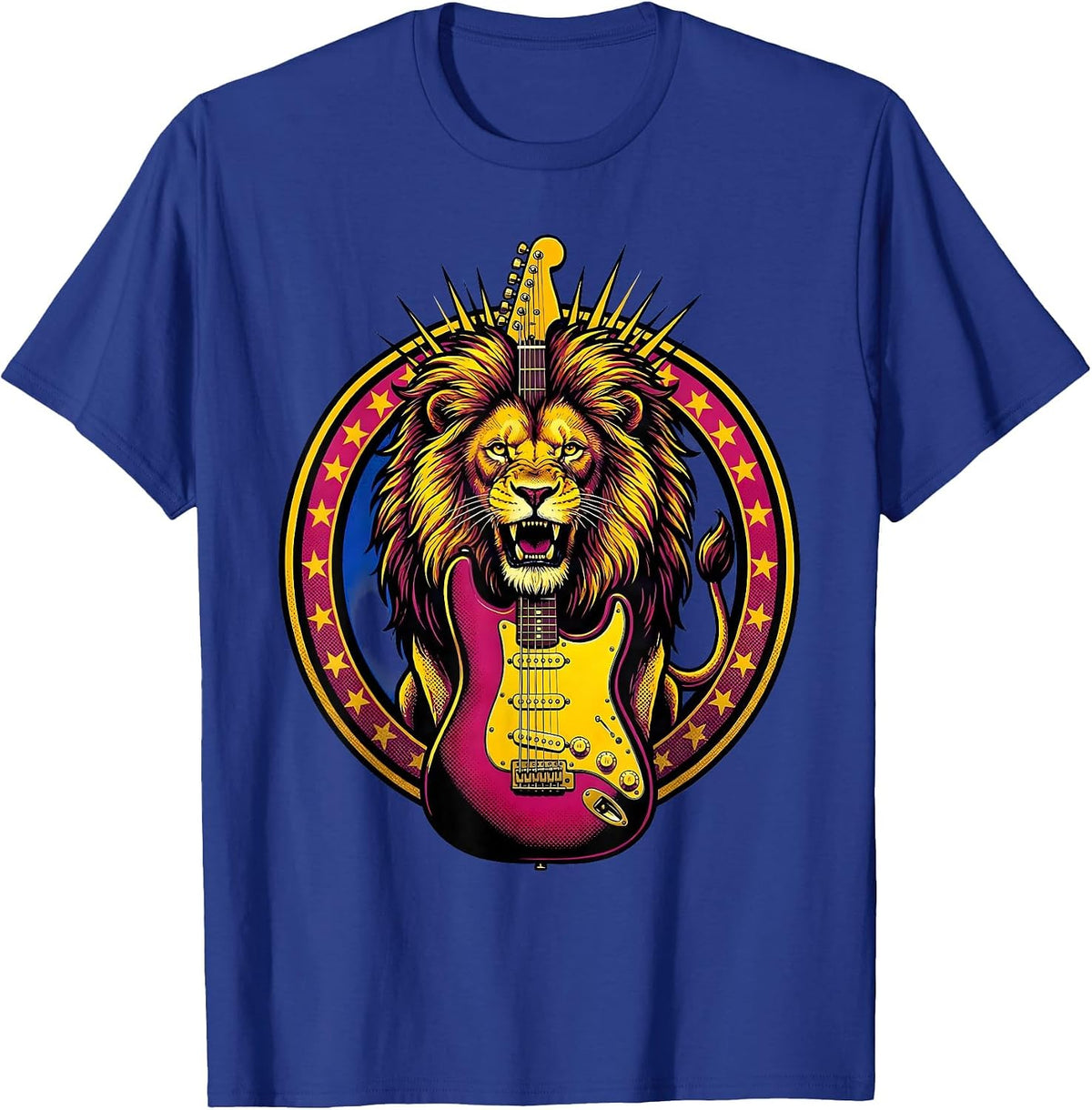 Roaring Lion Electric Guitar Classic Rock Design T-Shirt - Royal Blue