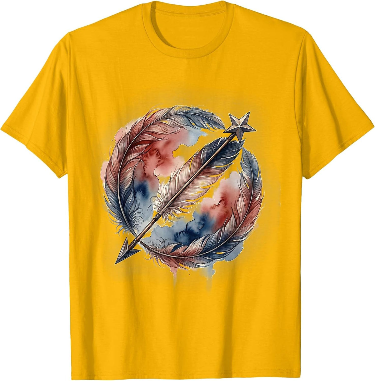 Red White and Blue Feathered Star Arrow Design T-Shirt - Golden Yellow