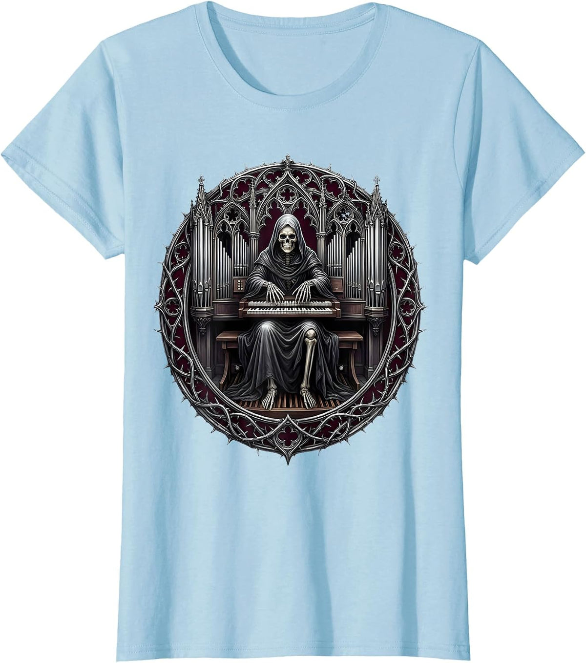 Cloaked Skeleton Pipe Organ Heavy Metal Graphic T-Shirt - Baby Blue