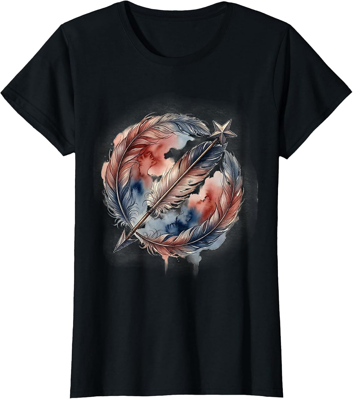 Red White and Blue Feathered Star Arrow Design T-Shirt - Black