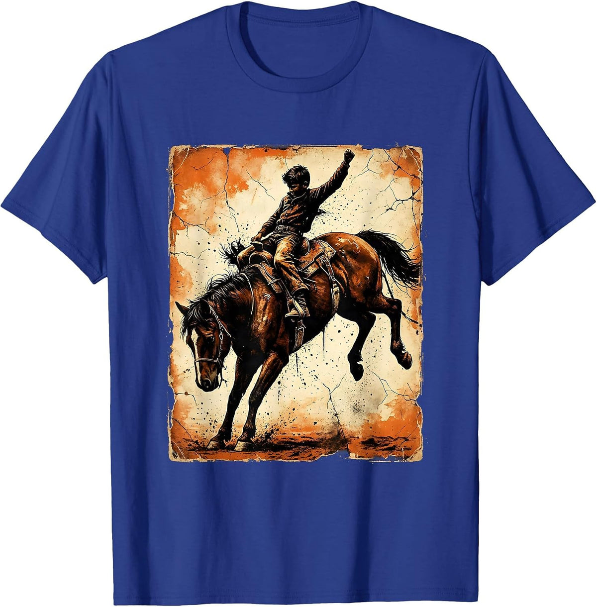 Western Boy Riding Bucking Bronco Illustration T-Shirt - Royal Blue