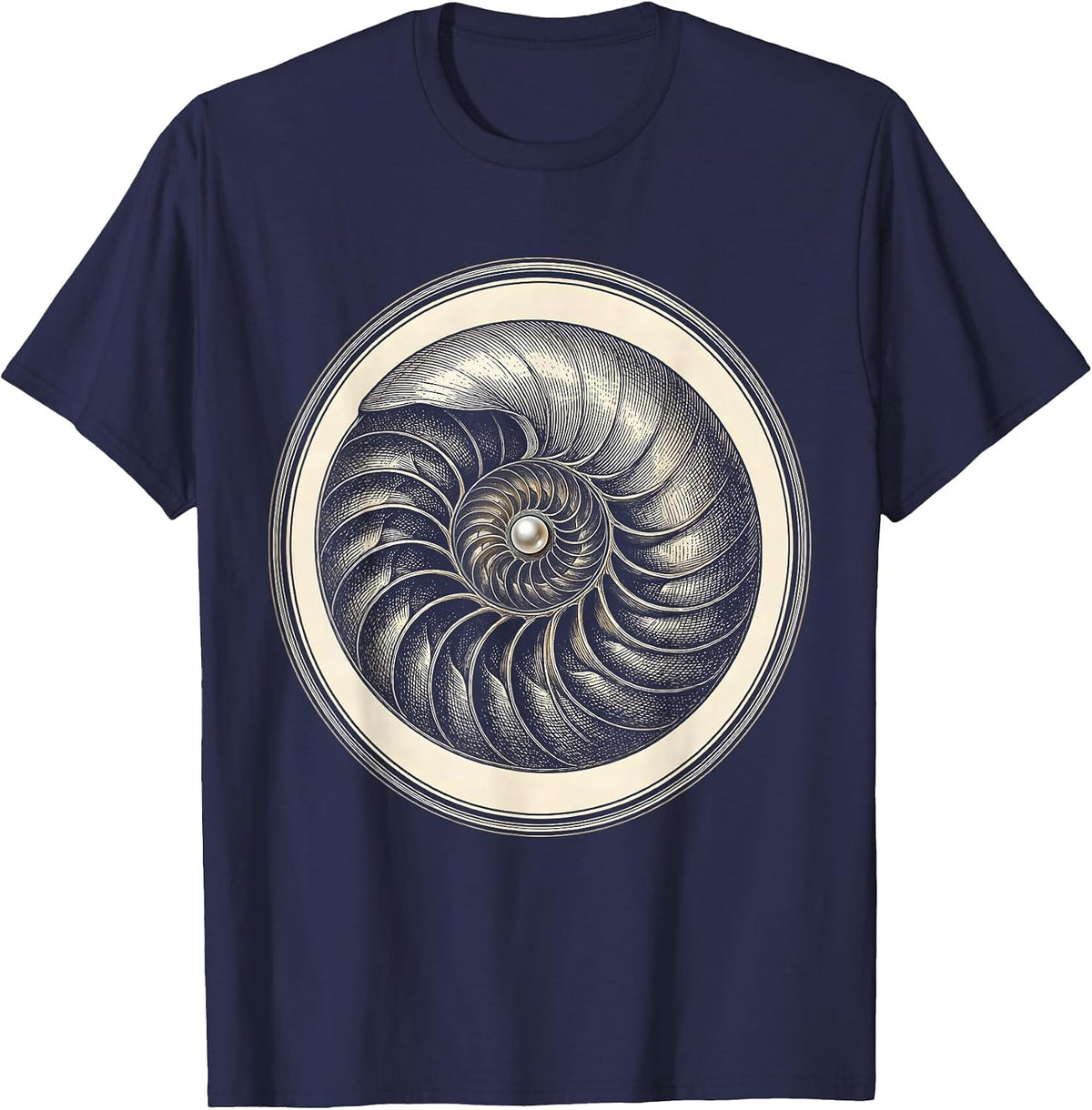 Nautilus Shell Pearl Center Illustration T-Shirt - Navy Blue