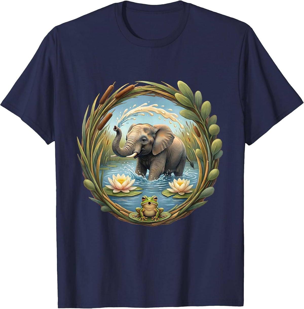 Baby Elephant Splashing in Watering Hole T-Shirt - Navy Blue