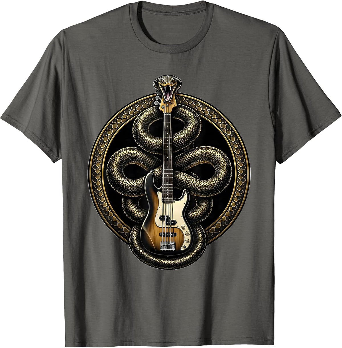 Snake Coiled Around Bass Guitar Graphic T-Shirt - Asphalt Grey