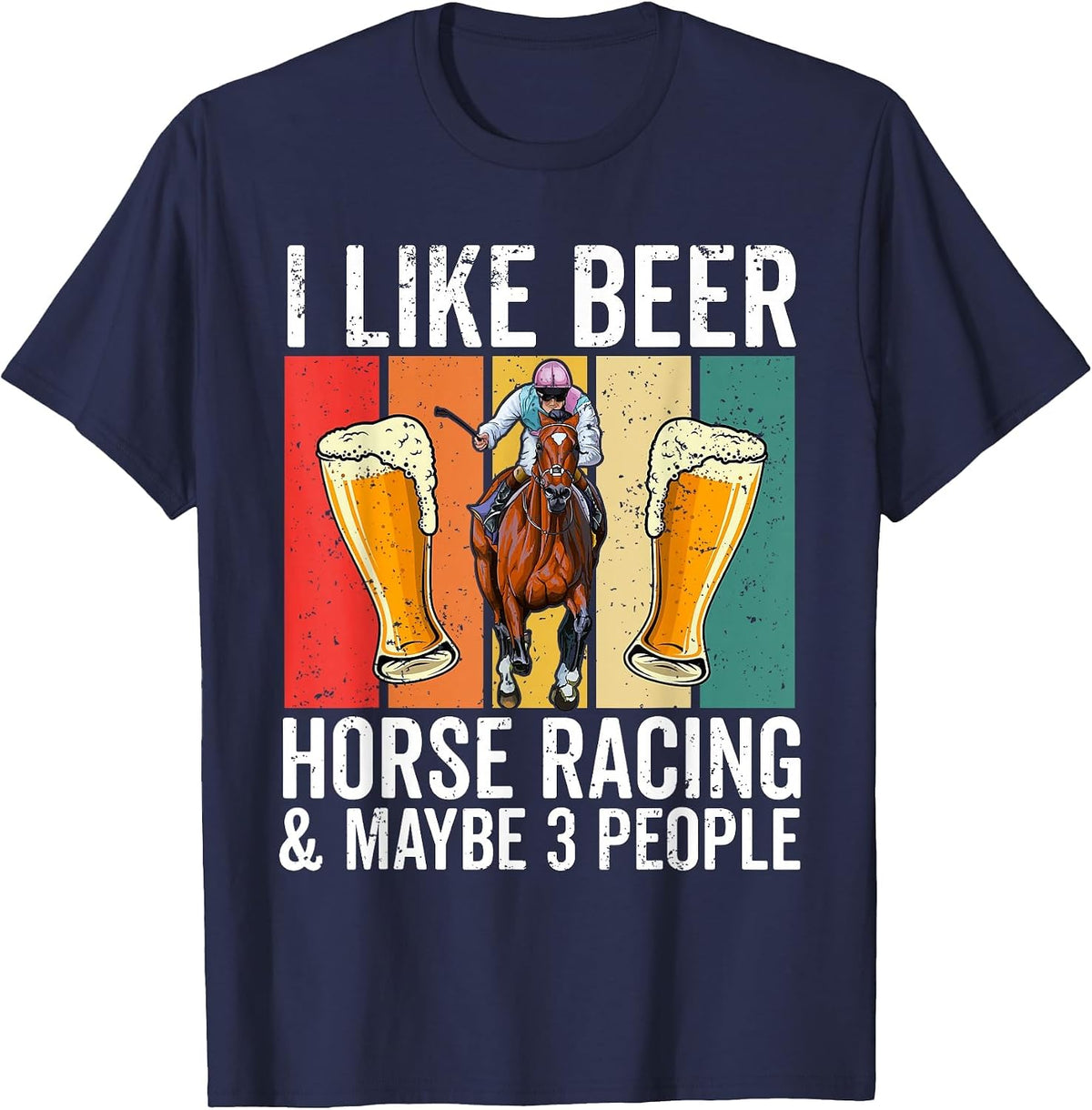 Retro Derby Day Party Funny I Like Beer and Horse Racing T-Shirt - Navy Blue
