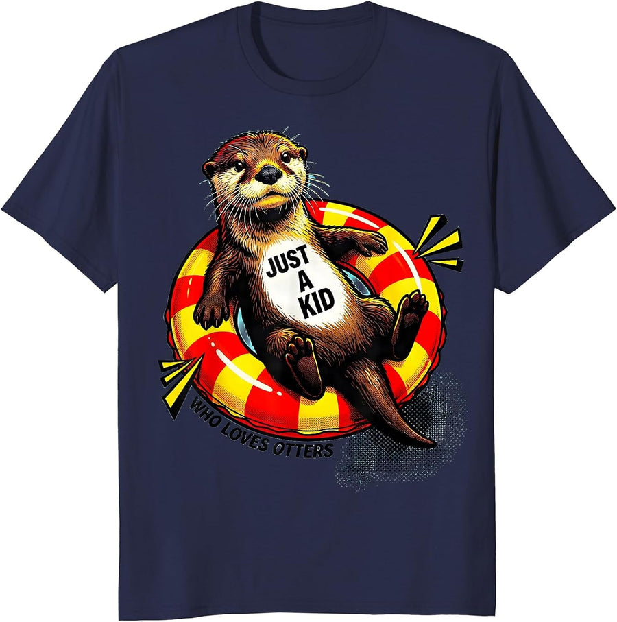 Just A Kid Who Loves Otters Funny Otter Lover Pop Art Gift T-Shirt - Navy Blue
