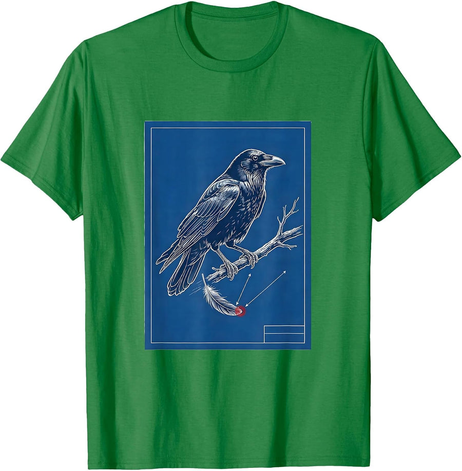 Men's Perched Crow Technical Blueprint Dark Humor Gothic T-Shirt - Kelly Green