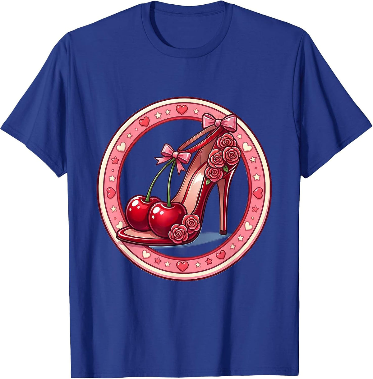 Gigi High Heel Rose Floral Illustration T-Shirt - Royal Blue