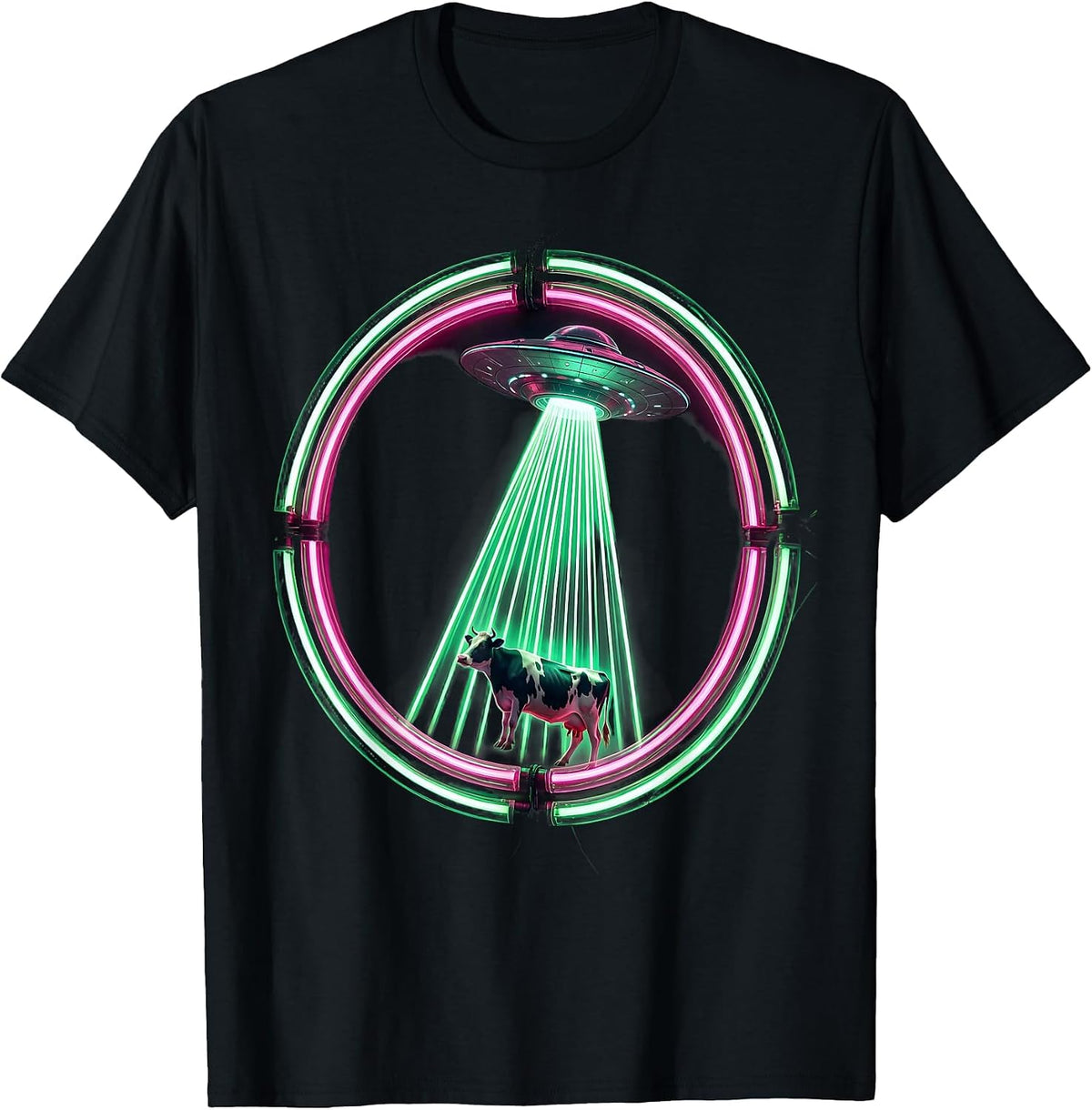 Men's Alien Cow Abduction Tractor Beam UFO Design T-Shirt - Black