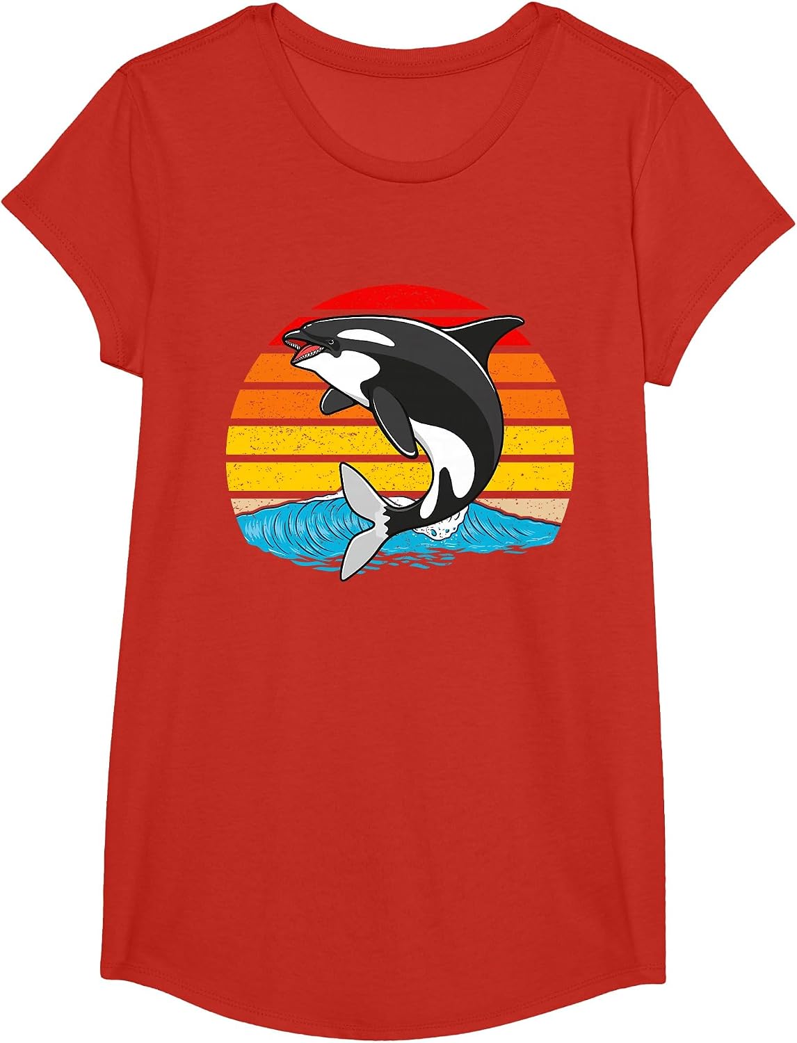 Orca Killer Whale Animated Vintage Retro Tees T Shirts with Waves and Sunset - Girls Red