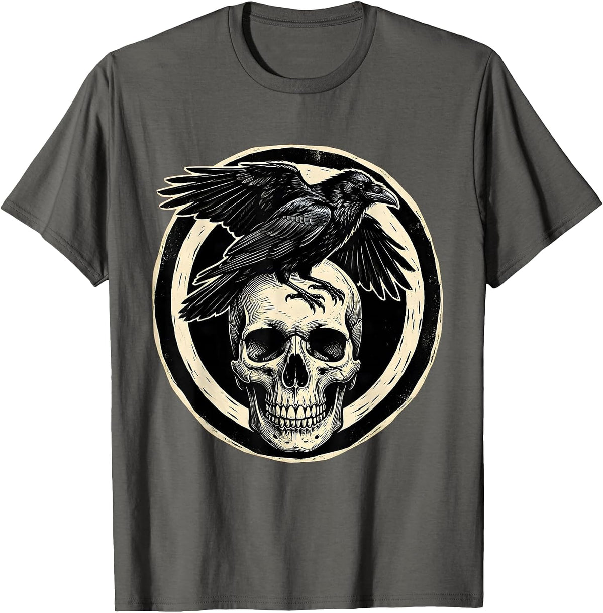 Crow Perched on Skull Gothic Dark Art Design T-Shirt - Asphalt Grey