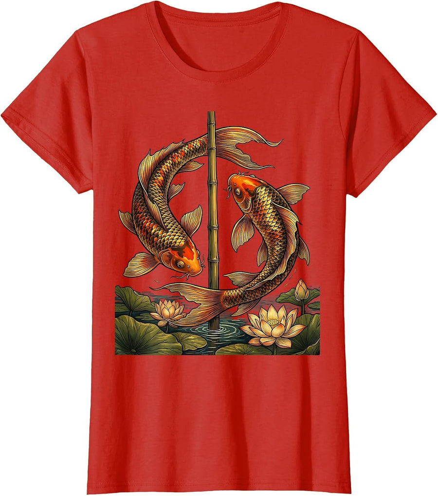 Women's Koi Fish and Bamboo Fishing Pole Graphic T-Shirt - Red