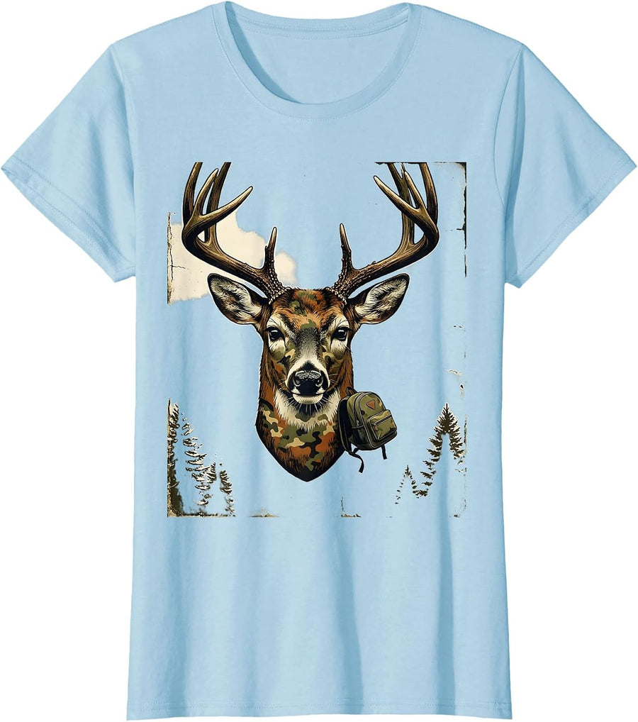 Women's Whitetail Mask Distressed Camo Dad Hunting Humor T-Shirt - Baby Blue