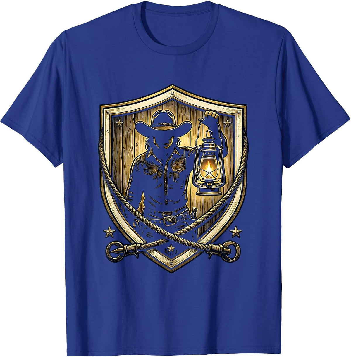 Men's Cowgirl Glowing Lantern Dark Barn Illustration T-Shirt - Royal Blue