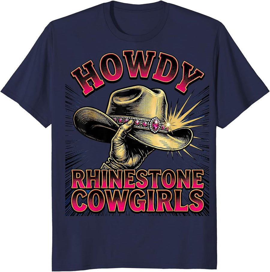 Howdy Rhinestone Cowgirls Comic Book Cowgirl Western Pride T-Shirt - Navy Blue