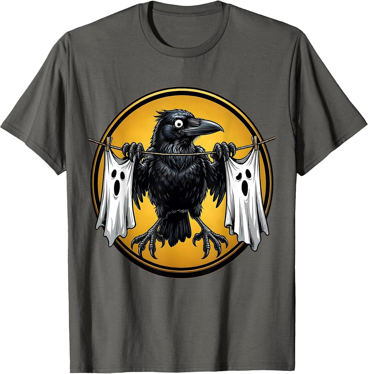 Crow on a Clothesline Halloween Graphic T-Shirt - Asphalt Grey