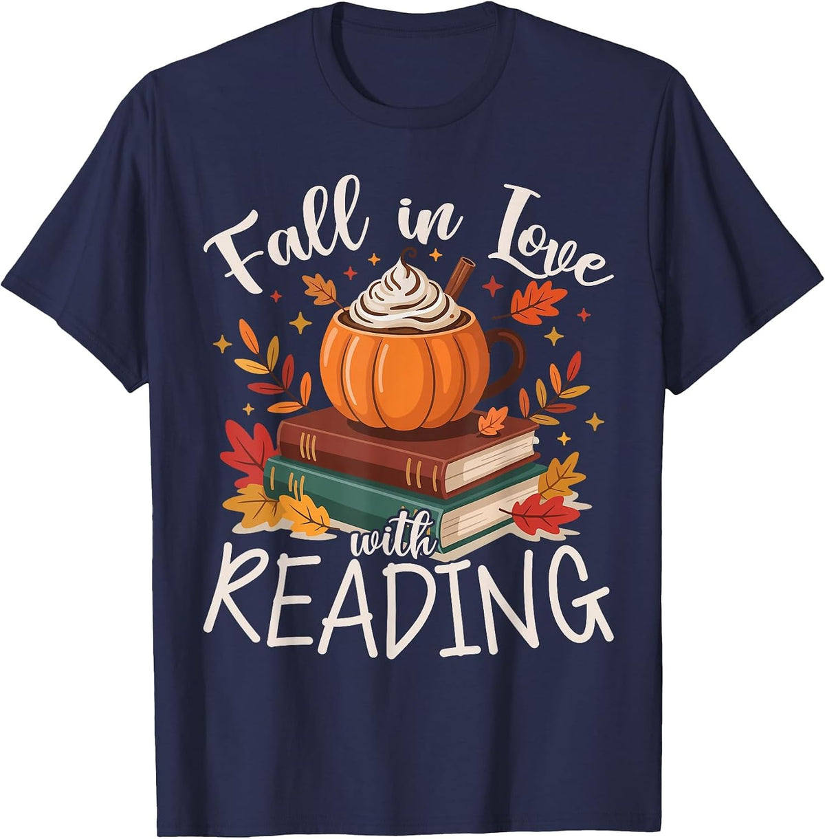 Fall in Love with Reading Autumn Librarian Cute Book Lover T-Shirt - Navy Blue