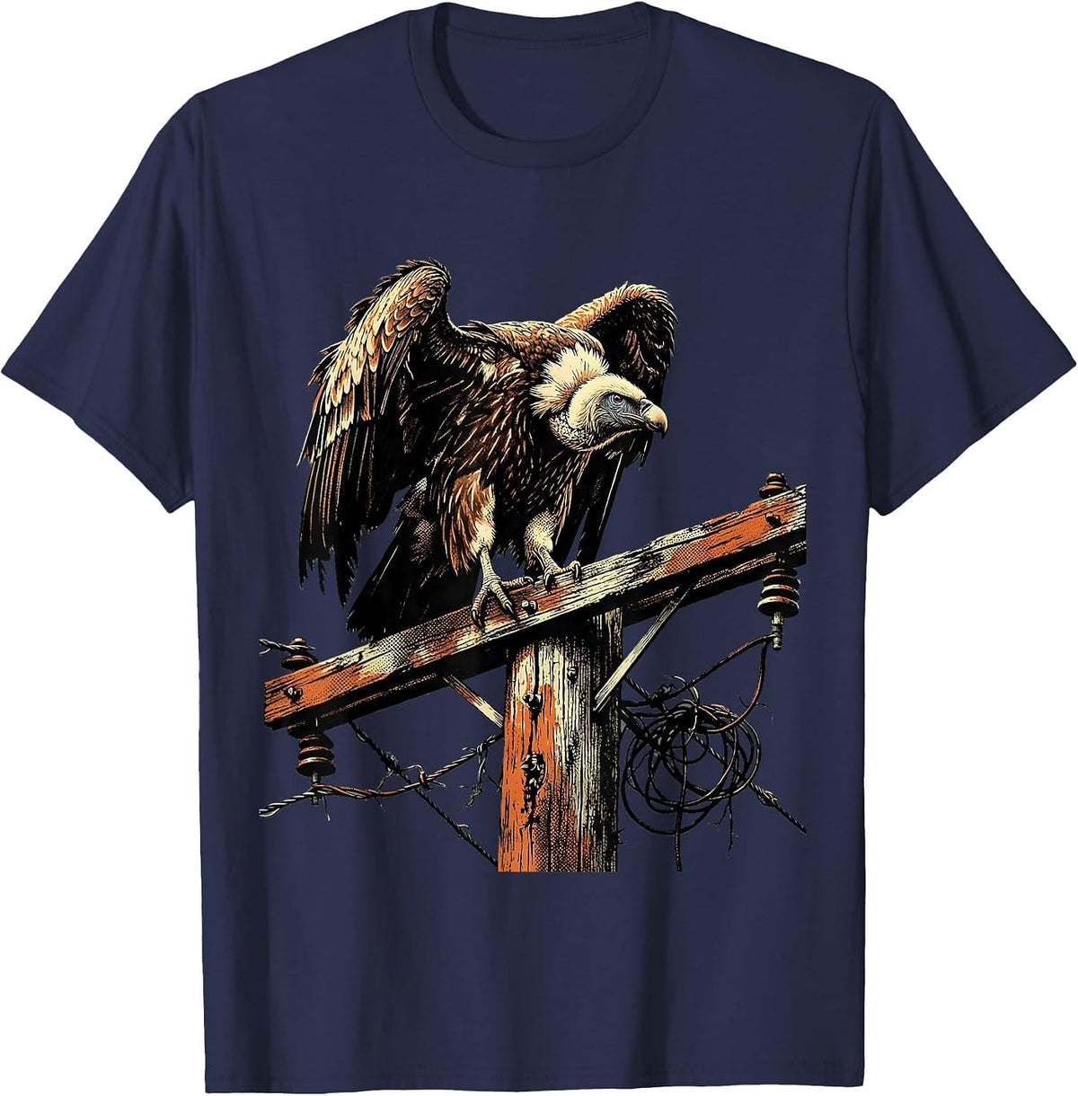 Grunge Vulture Toppled Electric Pole Art T-Shirt - Navy Blue