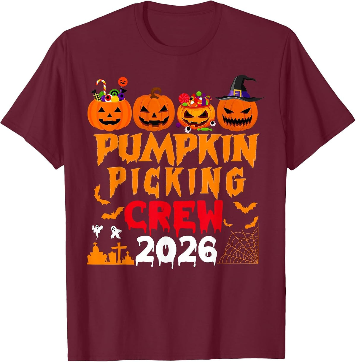 Retro Pumpkin Picking Crew Halloween 2026 Matching Group T-Shirt - Burgundy