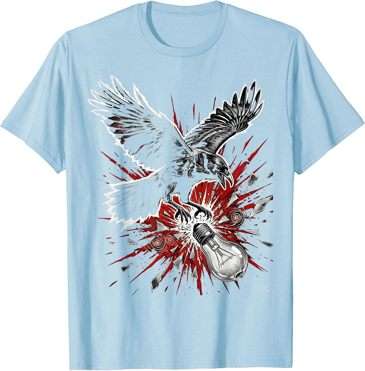 Men's Grunge Crow Smashed Light Bulb Dark Art Design T-Shirt - Baby Blue