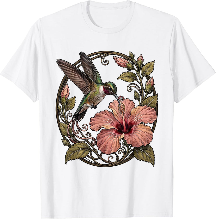 Gigi Hummingbird Hibiscus Floral Illustration T-Shirt - White
