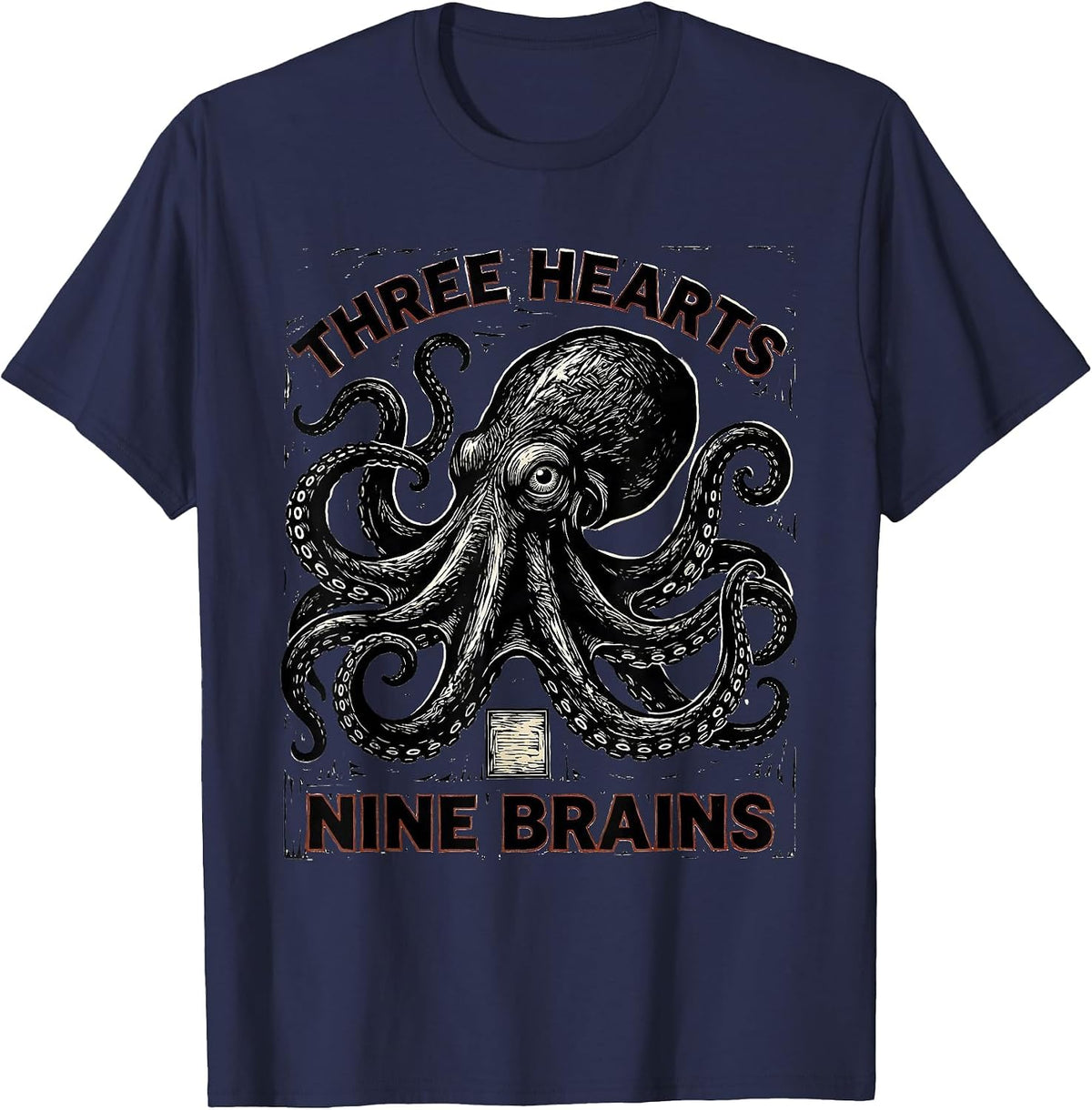 Three Hearts Nine Brains Linocut Octopus Ocean Lover Art T-Shirt - Navy Blue