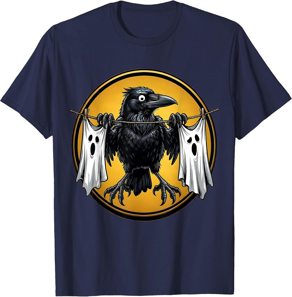 Crow on a Clothesline Halloween Graphic T-Shirt - Navy Blue