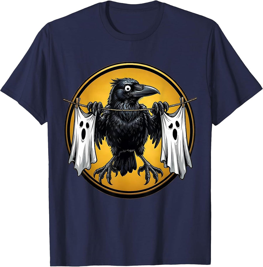 Crow on a Clothesline Halloween Graphic T-Shirt - Navy Blue
