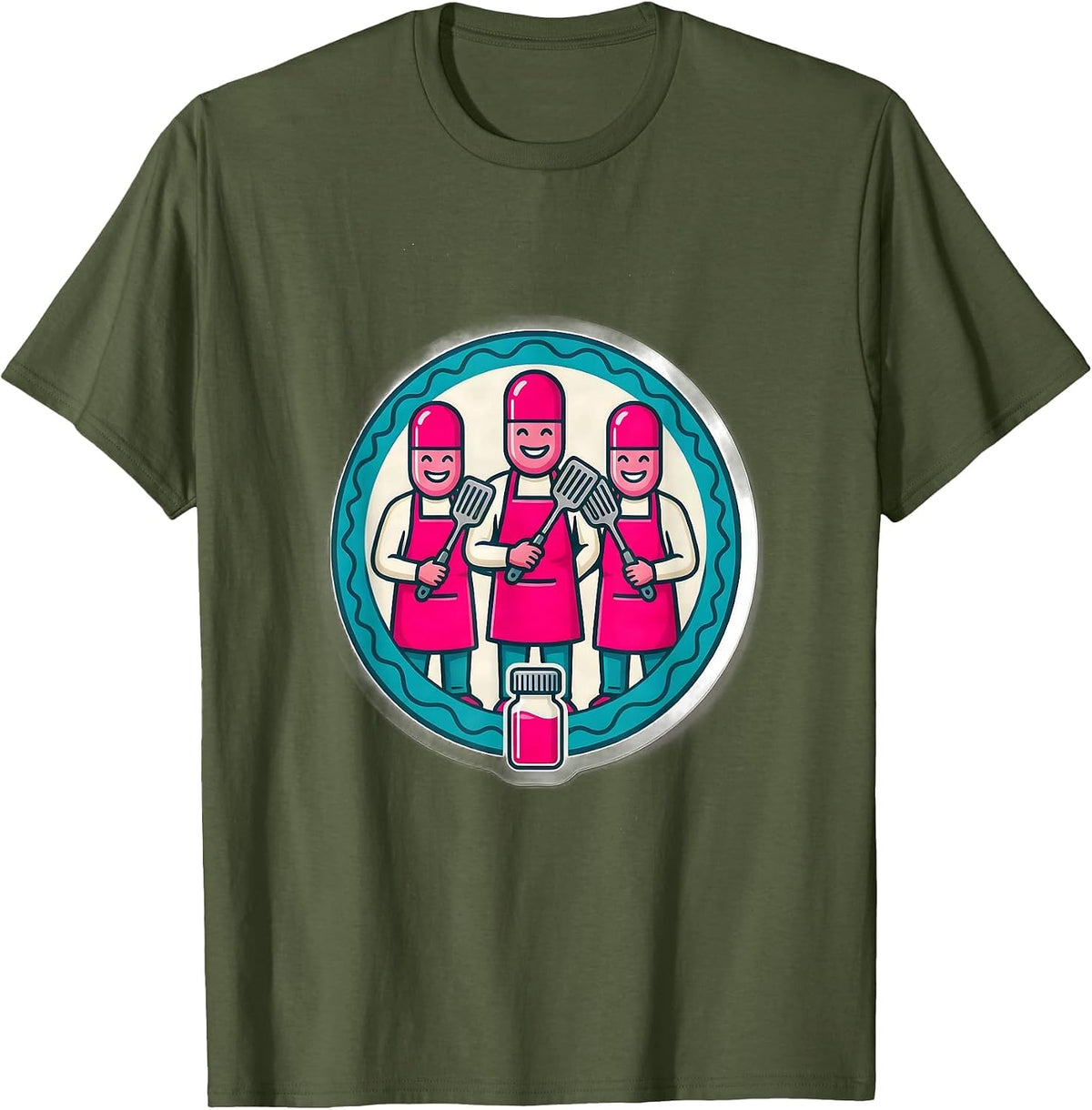 Men's Cute Pharmacy Tech Crew Capsule Figures Sticker Style T-Shirt - Olive Green